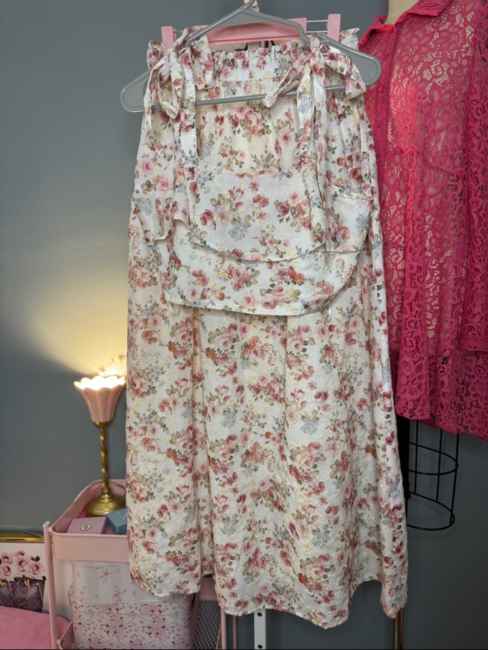 074 • Roses Print Cream Embroidery Floral Maxi Skirt Ruffle Crop Top Summer Set - Picture 6 of 11